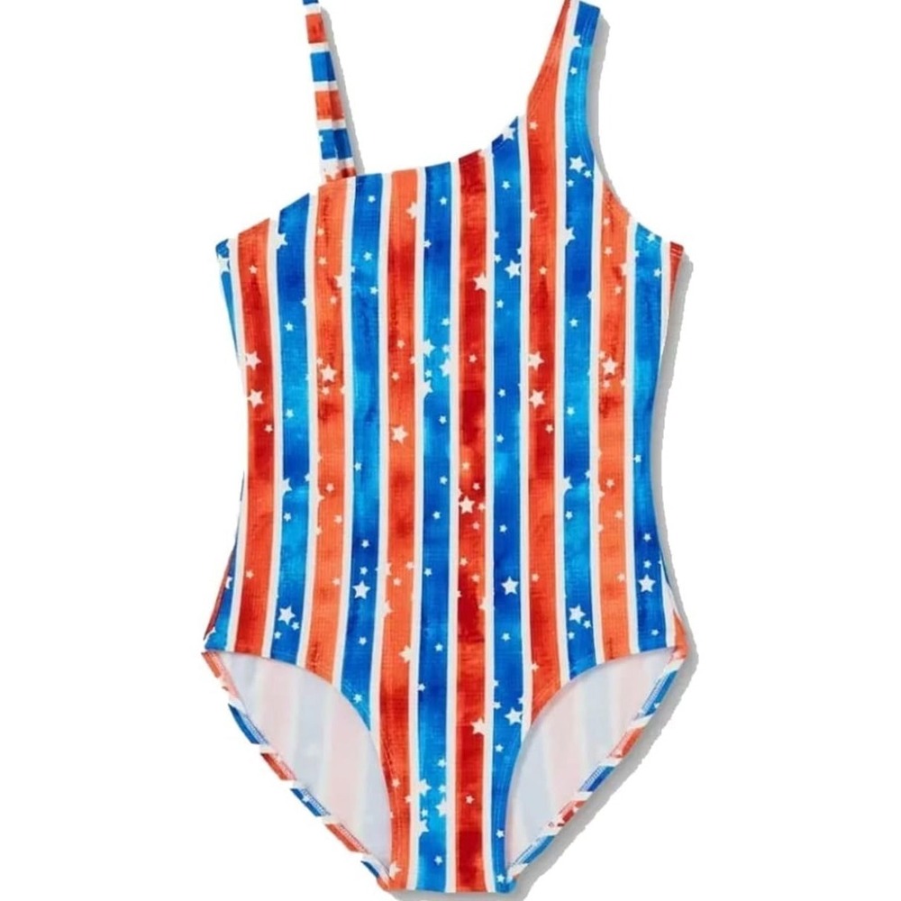 Cat & Jack Girls Patriotic Stars and Stripes One Piece Swimsuit Red White Blue S